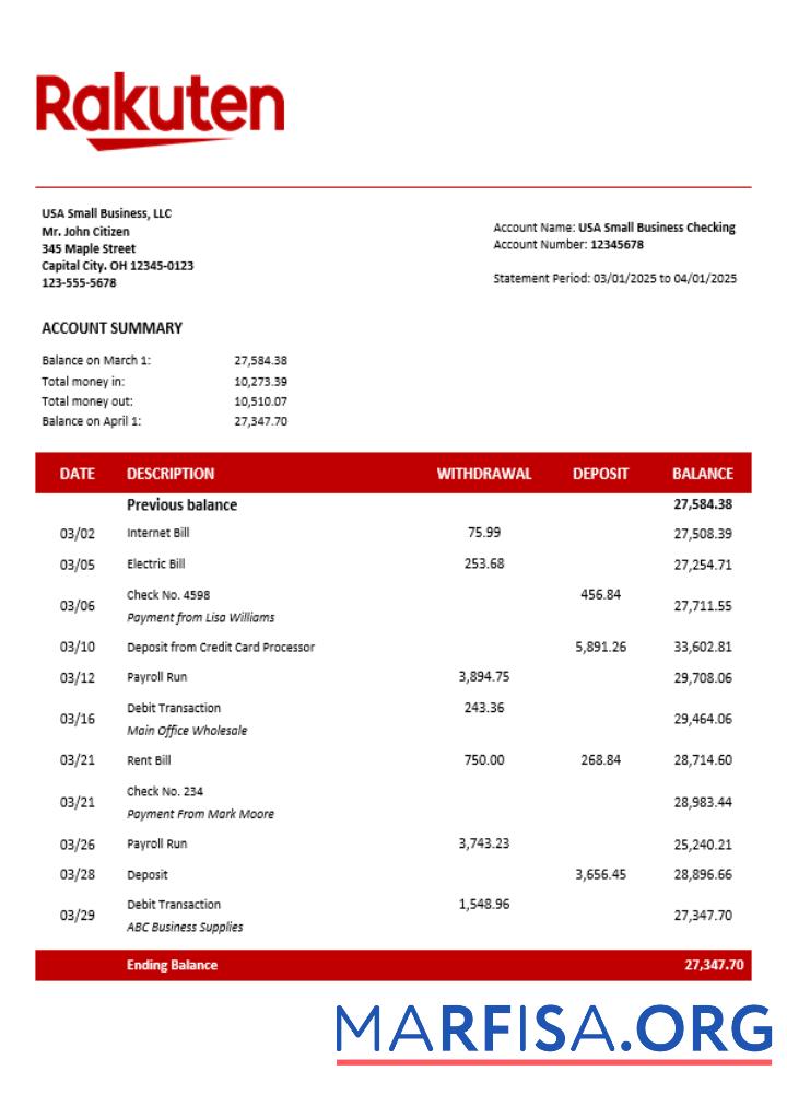 Printable Japan Rakuten business account statement Word and PDF template